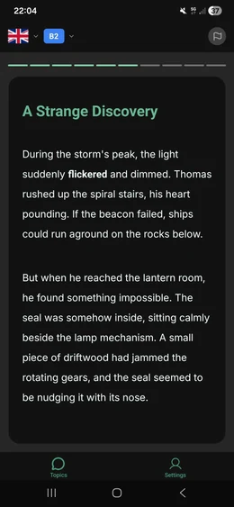 ToTo reading screen: A Strange Discovery - English B2 story with highlighted vocabulary words