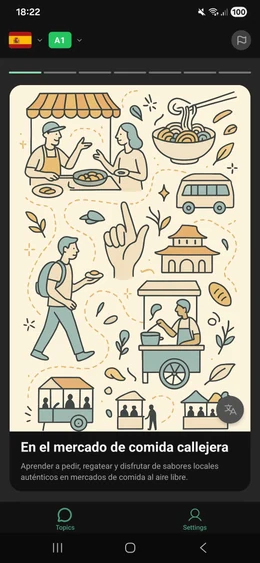 ToTo illustrated topic: En el mercado de comida callejera - Spanish A1 story with colorful illustrations